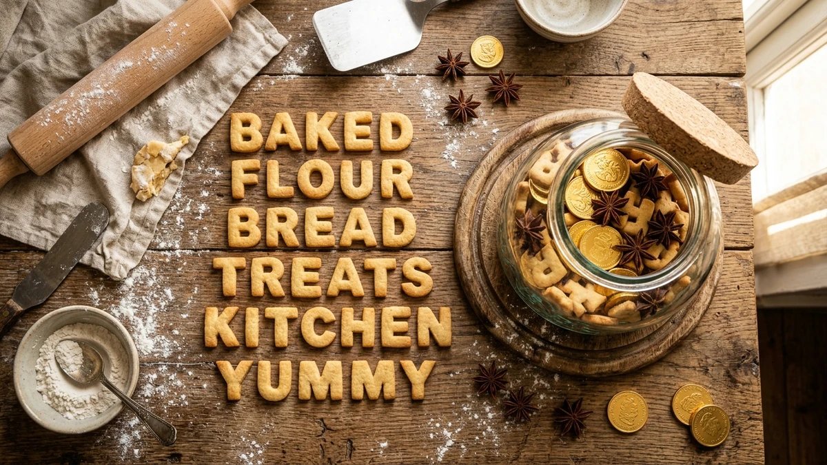 Artisanal glass cookie jar overflowing with golden bonus coins beside fresh baked alphabet letter cookies