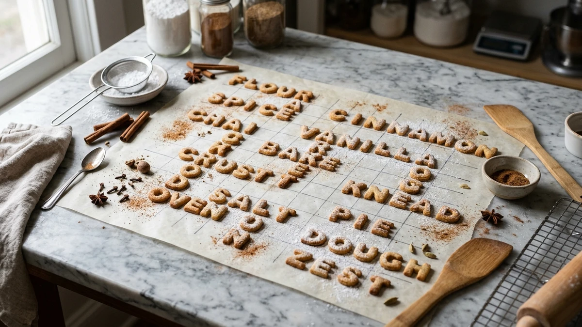 Artisanal pastry chef marble table with intersecting baked alphabet cookie puzzle grid