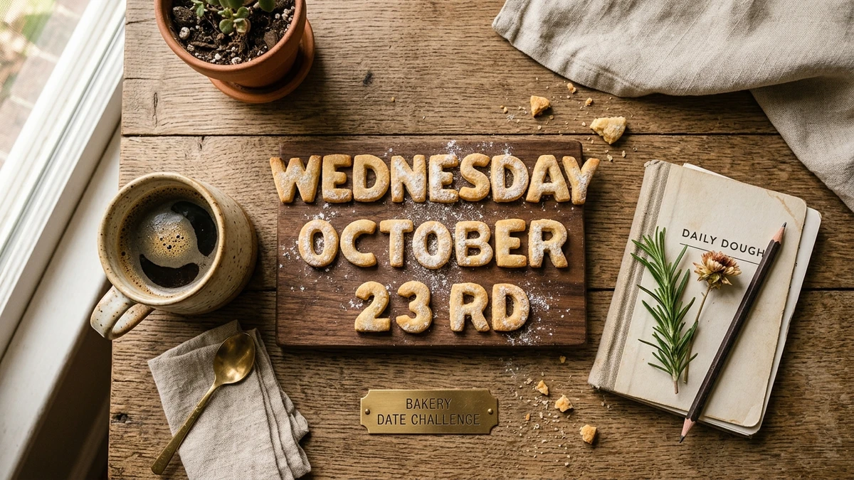 Aesthetic view of a warm rustic wooden bakery calendar desk with golden baked alphabet cookies