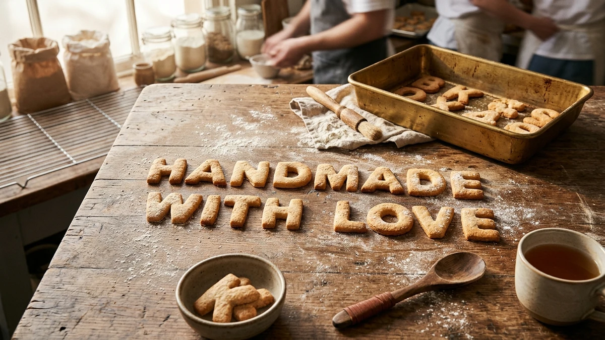 Artisanal bakery kitchen surface with fresh baked alphabet cookies spelling words beside a golden baking pan