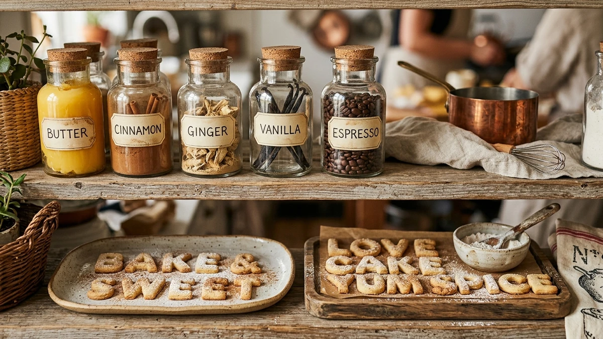 Aesthetic culinary chef pastry kitchen shelf with vintage glass jars labeled with gourmet ingredients